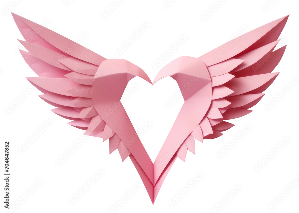 Pink paper origami heart with wings cutout on transparent background. Valentine's day-wedding. advertisement. product presentation. banner, poster, card, t shirt, sticker. Pink paper origami heart with wings cutout on transparent background. Valentine's day-wedding. advertisement. product presentation. banner, poster, card, t shirt, sticker.