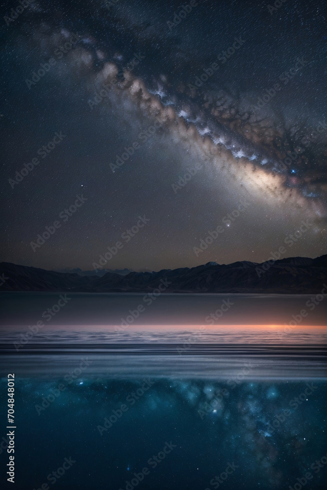 Beautiful shot of the Milky Way illuminating A lake making a mirror-like reflection