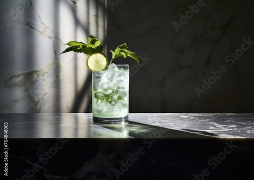 A mojito cocktail placed on a marble countertop, captured from a low angle to emphasize its