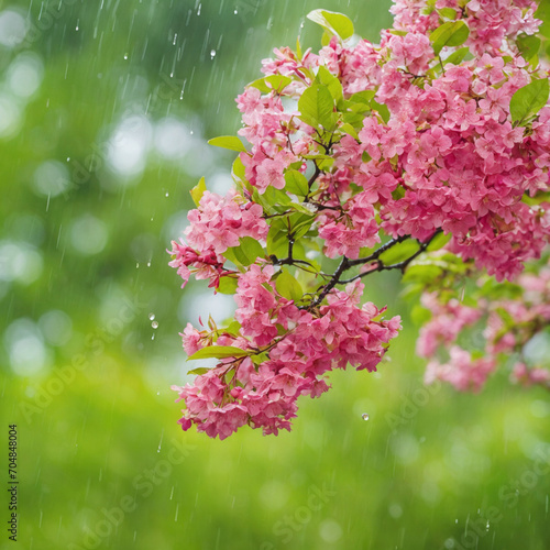 Flowering tree in a refreshing rain shower Generative AI