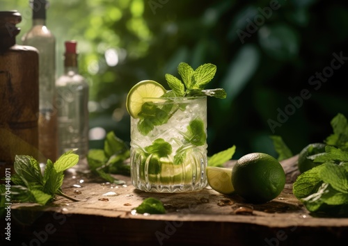 A mojito cocktail placed on a rustic wooden picnic table, surrounded by fresh ingredients like mint