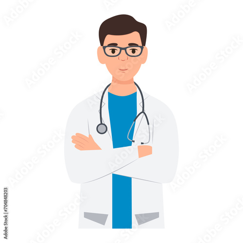 Doctor with crossed arms. Male doctor with stethoscope. General practitioner in medical uniform.Vector illustration