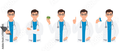Portrait of friendly doctor with stethoscope in diverse poses .Young man pointing,holding apple, clipboard, inhaler in hand. Healthcare and medicine concept. Vector illustration