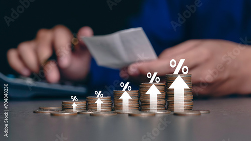 inflation Increased product sales growth basket growth, market or consumer price index concept shopping cart with food increase with arrow graph on the coin inflation VAT.