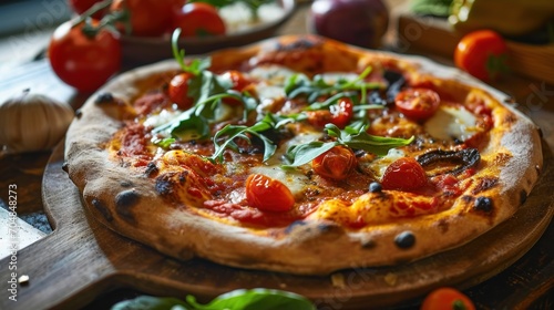  a pizza sitting on top of a wooden cutting board next to a knife and a bowl of tomatoes and basil.