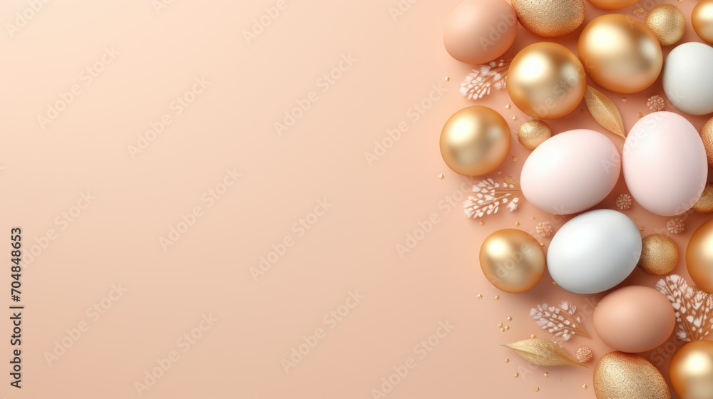 A frame made of golden and peach eggs, embodying the essence of Easter joy. A frame made of golden and peach eggs, embodying the essence of Easter joy.
