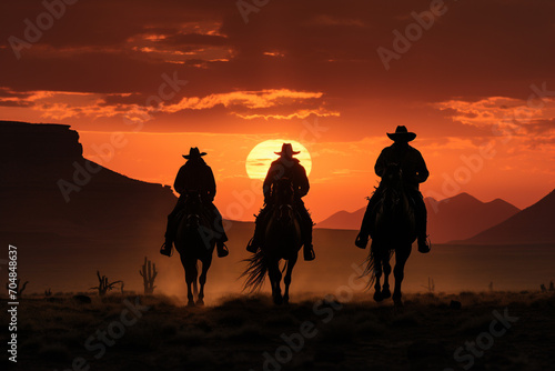 Cowboys riding into the sunset - Rich range and green abstract shapes in a rounded form.