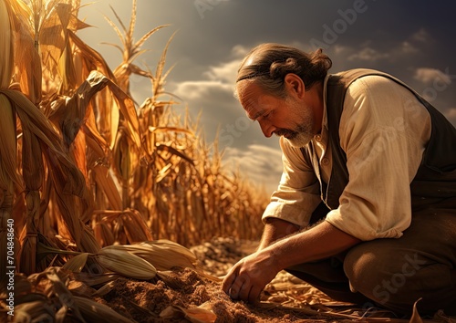 A naturalistic image of a Thanksgiving pilgrim harvesting corn in a sun-drenched field Fototapet