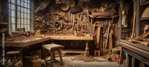 Workshop scene. Old tools hang on the wall and on the table in the workshop.