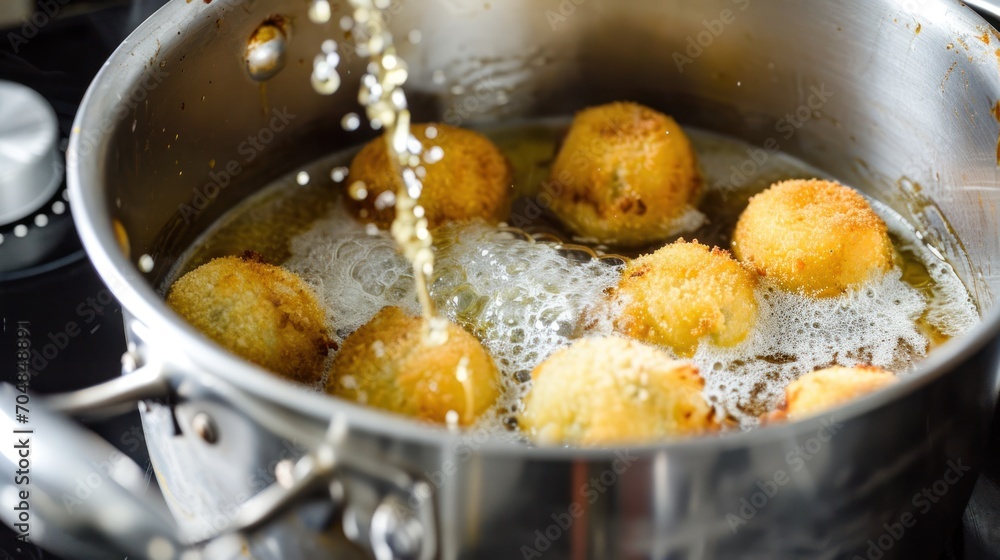 a frying pan filled with fried food on top of a stove top next to a frying pan filled with fried food on top of a stove top. a frying pan filled with fried food on top of a stove top next to a frying pan filled with fried food on top of a stove top.