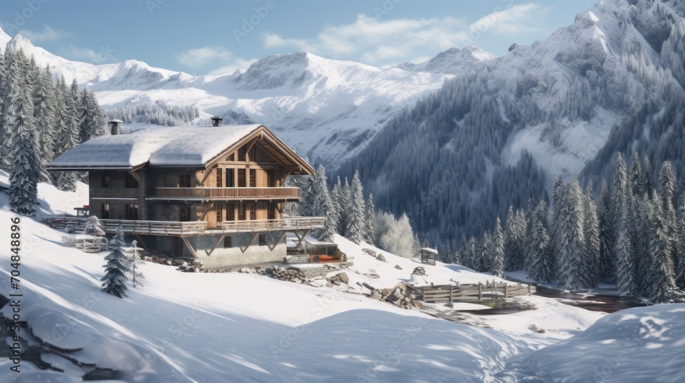 A house in the mountains, a beautiful winter landscape