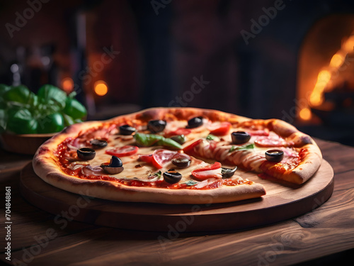 pizza with mushrooms and tomatoes ,pizza with salami and tomatoes , pizza with salami , pizza on wooden board pizza in a ketchen