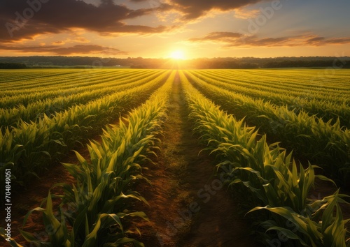 A panoramic view of a picturesque cornfield during sunset, with rows of tall cornstalks stretching photo