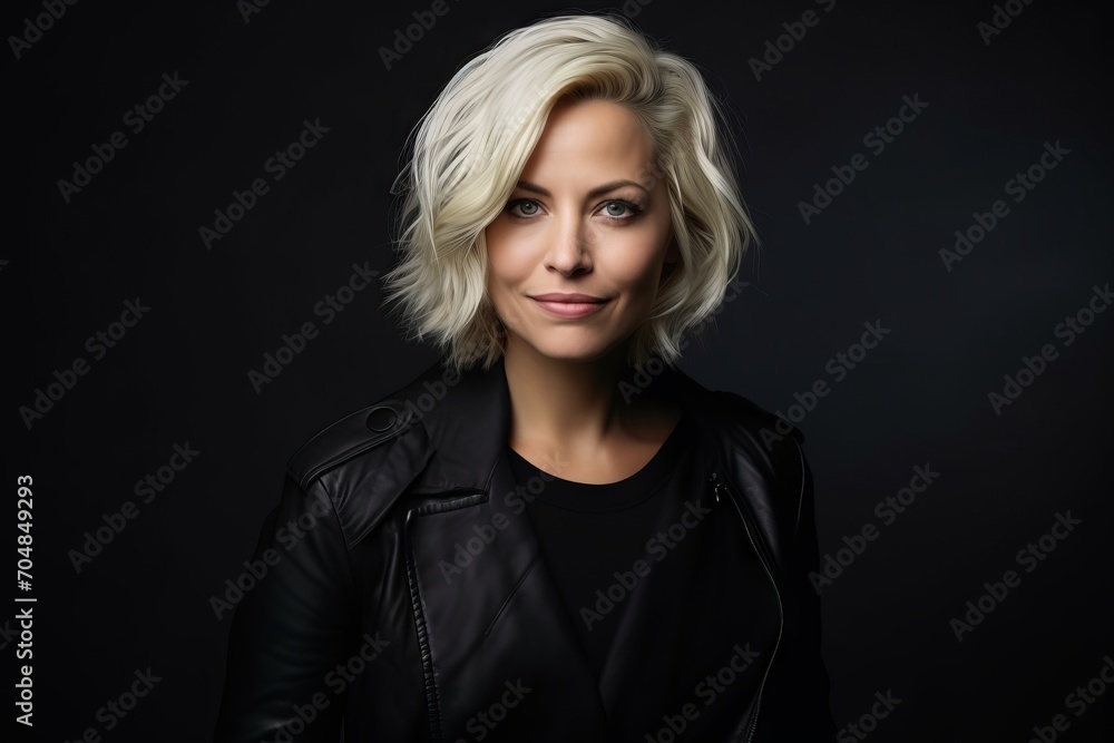 Portrait of a beautiful blond woman in a black leather jacket.