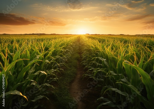 A panoramic view of a picturesque cornfield during sunset  with rows of tall cornstalks stretching