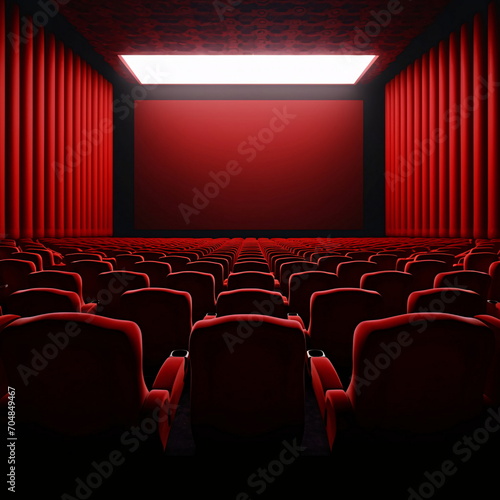 Empty cinema hall with red seats and curtains, ready for audience