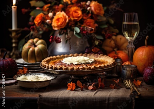 A panoramic view of a Thanksgiving pumpkin pie being served on a beautifully set table, surrounded