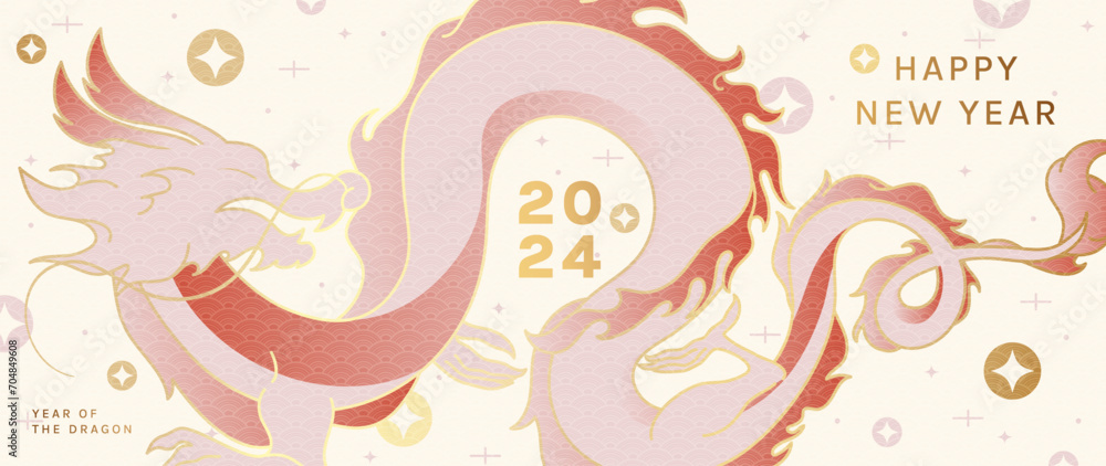 Happy Chinese new year background vector. Year of the dragon design wallpaper with dragon, firework, twinkling stars. Modern luxury oriental illustration for cover, banner, website, decor. Happy Chinese new year background vector. Year of the dragon design wallpaper with dragon, firework, twinkling stars. Modern luxury oriental illustration for cover, banner, website, decor.