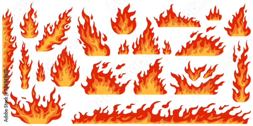 Cartoon fire. Red flame. Differently curved burning. Different directions and intensity. Bonfires or fiery borders. Orange blaze. Inferno element. Hot temperature. Recent vector set photo