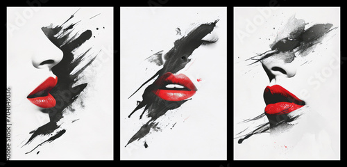 Set of watercolor red lips art posters, abstract modern concept art	