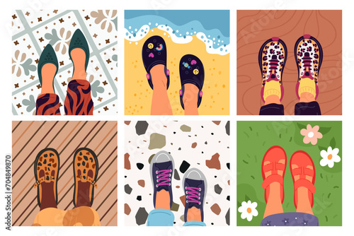 Feet selfie. Top view female legs in different type footwear. Foot on various surfaces. Popular social media snapshots. Girl footgear. Summer sandals or loafers pairs. Garish vector set