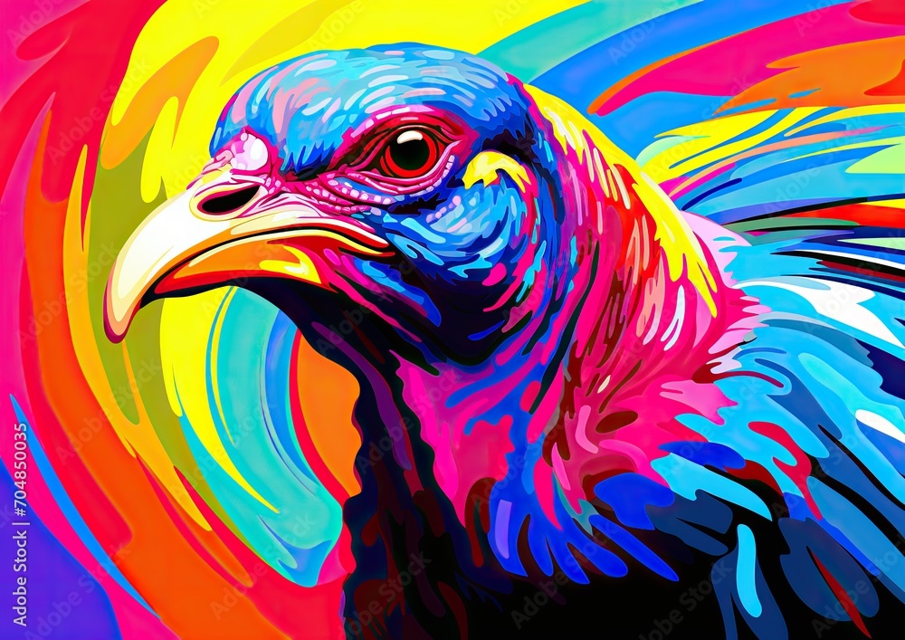 A pop art-inspired image of a Thanksgiving turkey, captured in a bold and vibrant style. The camera
