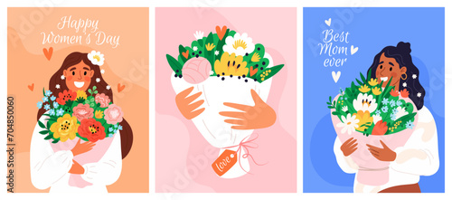 Happy girls hold beautiful flower bouquets. International women Day greeting cards. Spring holiday. Moms celebration. Romantic floral gifts. Blossom bunch in hands. Garish vector set