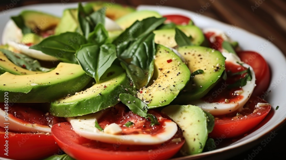 a close up of a plate of food with tomatoes, avocado, and other veggies on it. a close up of a plate of food with tomatoes, avocado, and other veggies on it.