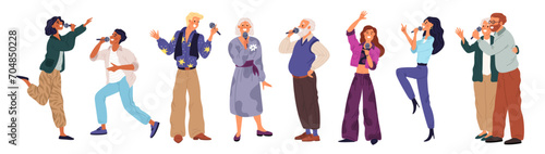 Happy karaoke singers. Cartoon people sing songs. Cute vocalists hold microphones in hands. Professionals and amateurs. Musicians performance. Talented men and women. Garish vector set photo