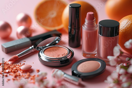 AI generated illustration of cosmetic products on a pink surface photo