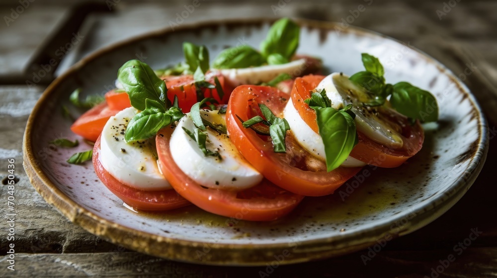 a plate of tomatoes, mozzarella, basil, and mozzarella on top of a wooden table. a plate of tomatoes, mozzarella, basil, and mozzarella on top of a wooden table.