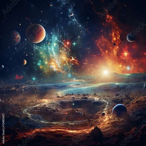 Planet scene deep in the universe, cosmic background, cosmic rays
