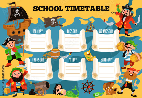Pirates kids planner. Funny school timetable. Weekly schedule with sea robbers. Sailing boat captain. Sailors and corsair ship. Filibusters crossbones flag. Splendid vector concept