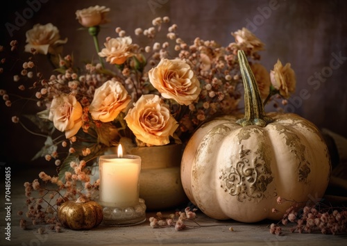 A romantic still life composition featuring a Thanksgiving pumpkin surrounded by flickering candles