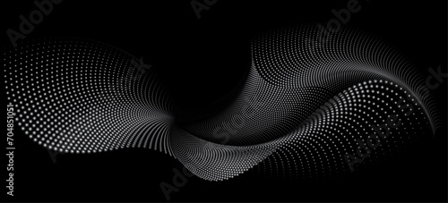 A dynamic particle waves within a halftone gradient create a fluid dot curve set on a black background for technology, sound, music. Dots and lines halftone illustration.