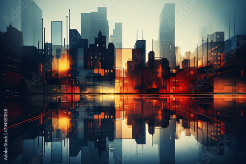 Abstract shapes forming images of retro cityscapes and skylines.
