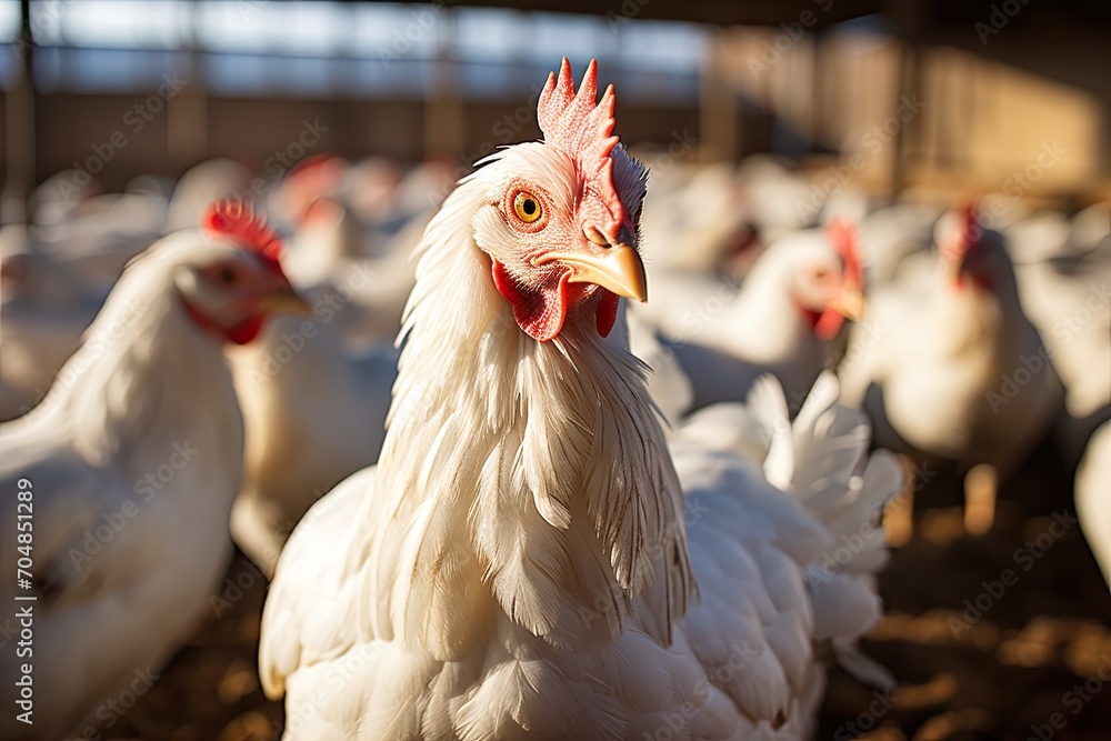 Fototapeta premium Group of white free range chicken, broilers farm. Chicken, farming and agriculture on grass, organic farm. Poultry, birds or animal for protein, meat or pet in nature together for sustainability