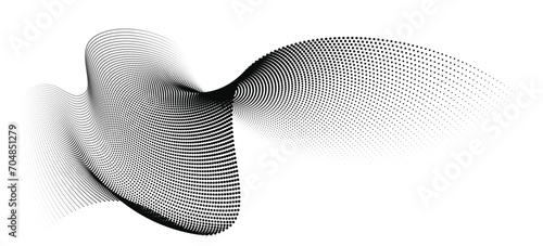 A dynamic particle waves within a halftone gradient create a fluid dot curve set on a transparent background for technology, sound, music. Dots and lines halftone illustration.