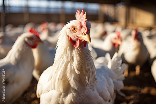 Group of white free range chicken, broilers farm. Chicken, farming and agriculture on grass, organic farm. Poultry, birds or animal for protein, meat or pet in nature together for sustainability