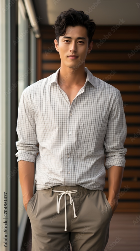 Fototapeta premium Asian man in casual outfit standing with hands in pockets