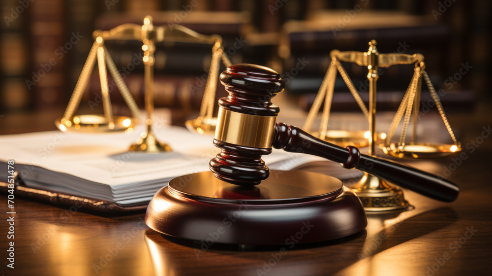 Law theme, mallet of the judge, balance, justice scale, books. Courtroom concept. Law symbols Law theme, mallet of the judge, balance, justice scale, books. Courtroom concept. Law symbols
