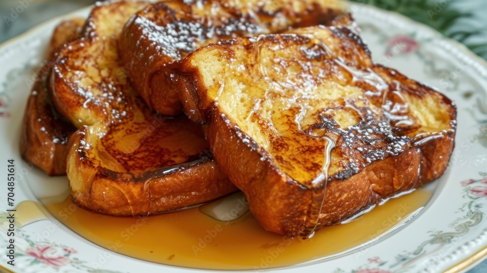 a white plate topped with french toast on top of a blue and white table cloth next to a cup of coffee. a white plate topped with french toast on top of a blue and white table cloth next to a cup of coffee.