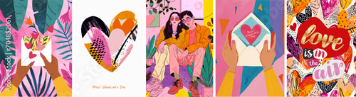 Happy Valentine's day. Love. Vector illustration of envelope or letter in hands with valentine, loving young couple man and woman, abstract heart shape on white background for greeting card or poster.