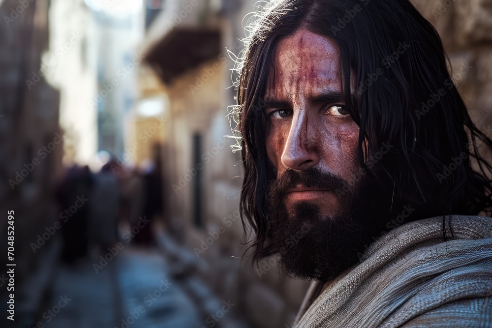 Photorealist close-up portrait of Jesus Christ in the streets of Jerusalem. Photorealist close-up portrait of Jesus Christ in the streets of Jerusalem.