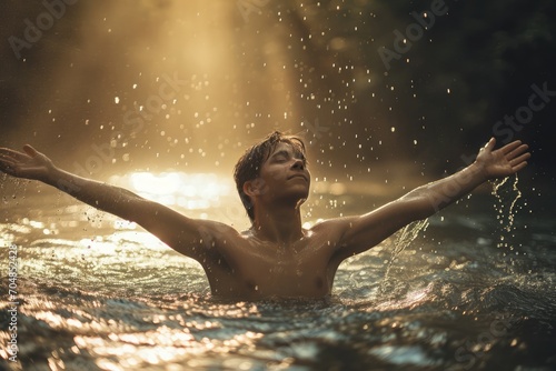 Handsome young man in worship in a river at sunset. Front view.  The beauty and power of Faith. Christian concept.