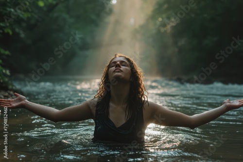 Beautiful young woman in worship in the river, faith, nature and freedom photo