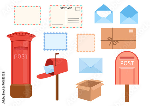 English red post box, open and closed envelopes and blank postcard. Vector cartoon flat illustrations set isolated on white background
