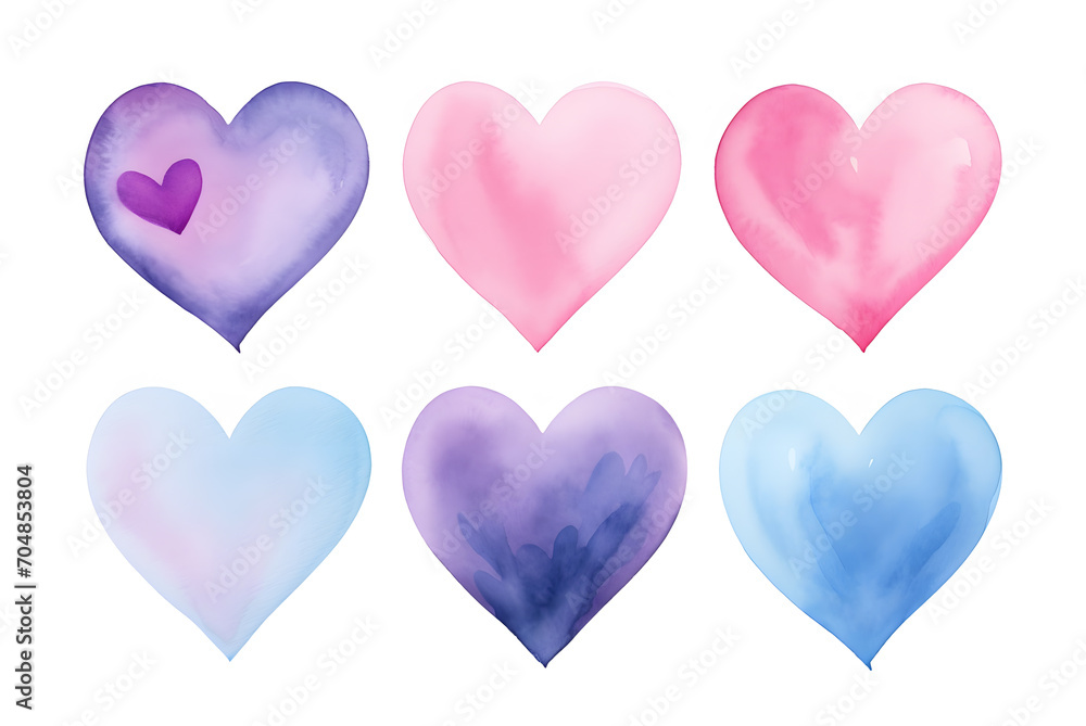 Valentine's day. Set of hand painted watercolor hearts Isolated on white background