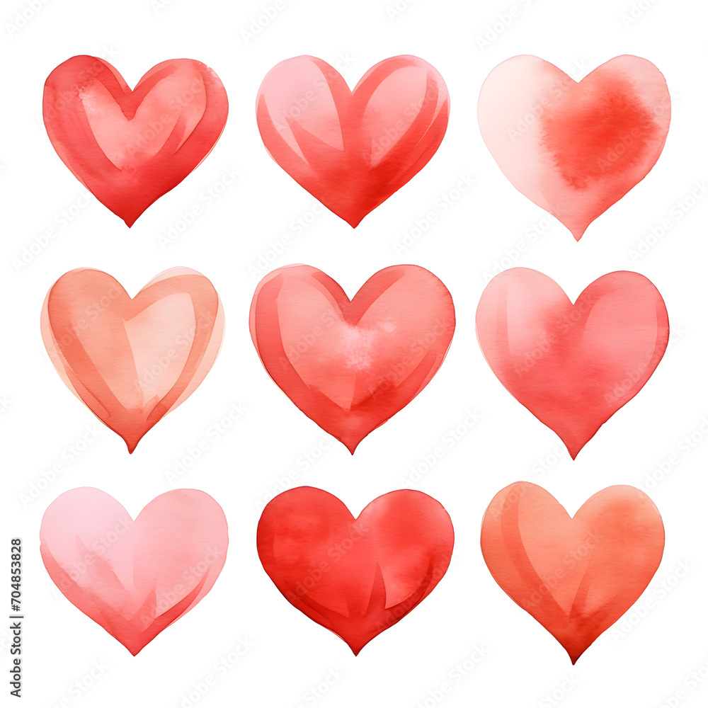 Valentine's day. Set of hand painted watercolor hearts Isolated on white background