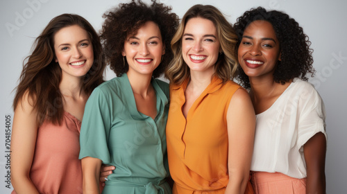 Studio portrait of three beautiful women in their 30s from diverse ethnicities posed smiling on a neutral background photo